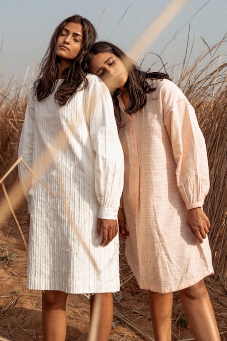 Buy_Ahmev_Ivory Handloom Cotton Zari Boat Neck Puffed Sleeves Dress _Online_at_Aza_Fashions