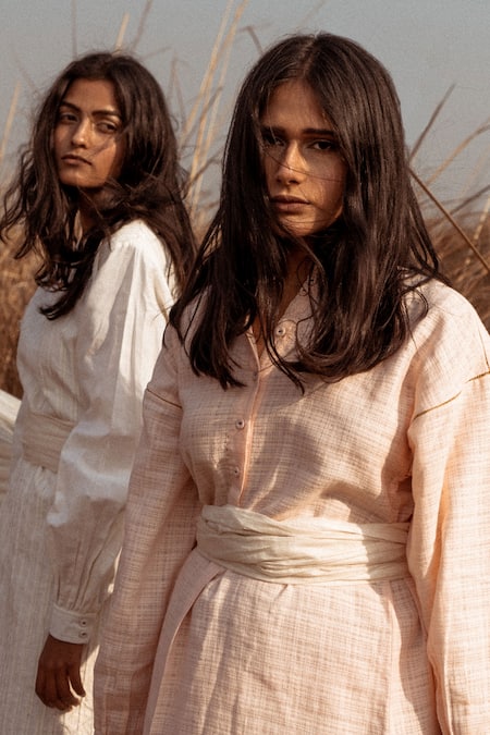 Shop_Ahmev_Ivory Handloom Cotton Zari Boat Neck Puffed Sleeves Dress _Online_at_Aza_Fashions