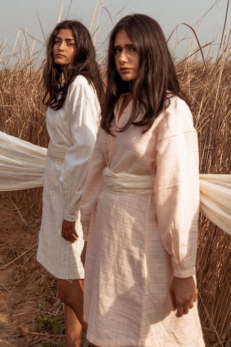 Ahmev_Ivory Handloom Cotton Zari Boat Neck Puffed Sleeves Dress _at_Aza_Fashions