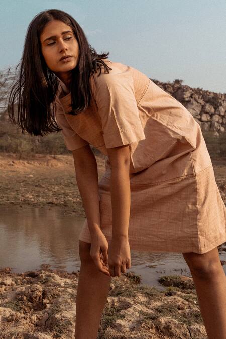 Ahmev_Beige Handloom Cotton Zari Boat Neck Textured Plain Dress _Online_at_Aza_Fashions