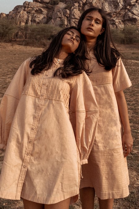 Shop_Ahmev_Beige Handloom Cotton Zari Boat Neck Textured Plain Dress _Online_at_Aza_Fashions