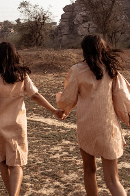 Ahmev_Beige Handloom Cotton Zari Boat Neck Textured Plain Dress _at_Aza_Fashions