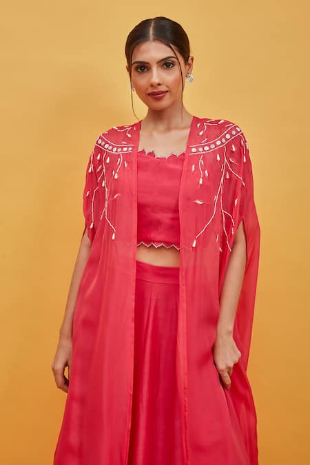 Sandhya Shah Coral Chanderi, Organza Cut Work Round Neck Hand Embroidered Cape Lehenga Set Online at Aza Fashions Sandhya Shah_Coral Chanderi, Organza Cut Work Round Neck Hand Embroidered Cape Lehenga Set _Online_at_Aza_Fashions