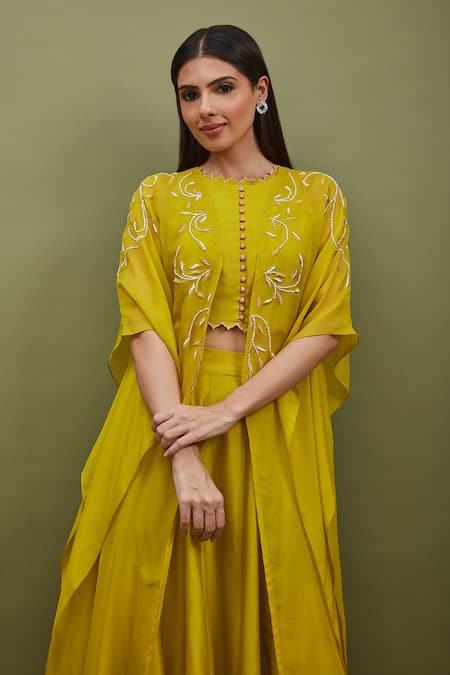 Sandhya Shah_Yellow Chanderi Embroidery, Cut Work Round Neck Cape Lehenga Set _Online_at_Aza_Fashions