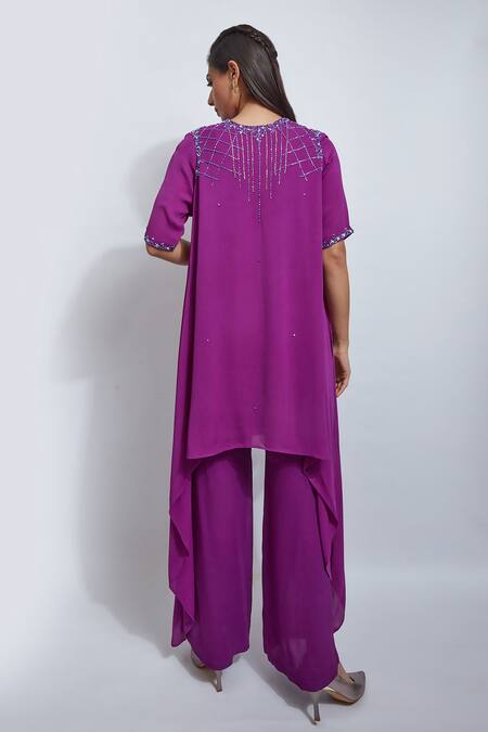 Shop_Sandhya Shah_Purple Georgette, Organza Cut Work Round Neck Yoke Embroidered Kurta Palazzo Set _at_Aza_Fashions