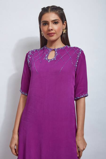 Sandhya Shah_Purple Georgette, Organza Cut Work Round Neck Yoke Embroidered Kurta Palazzo Set _Online_at_Aza_Fashions