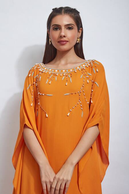 Sandhya Shah Orange Double Georgette Hand Embroidered Cutdana Yoke Kaftan And Palazzo Set  3