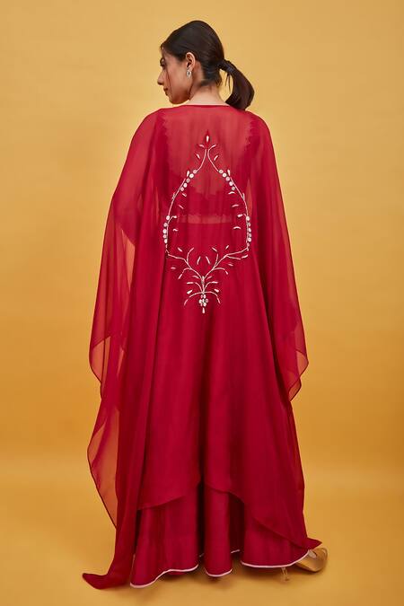 Shop Sandhya Shah Red Chanderi Cut Work V-neck Hand Embroidered Cape Palazzo Set at Aza Fashions Shop_Sandhya Shah_Red Chanderi Cut Work V-neck Hand Embroidered Cape Palazzo Set_at_Aza_Fashions