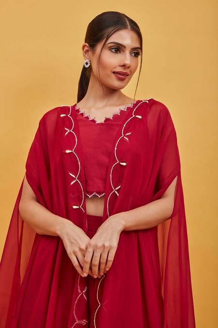 Sandhya Shah Red Chanderi Cut Work V-neck Hand Embroidered Cape Palazzo Set Online at Aza Fashions Sandhya Shah_Red Chanderi Cut Work V-neck Hand Embroidered Cape Palazzo Set_Online_at_Aza_Fashions