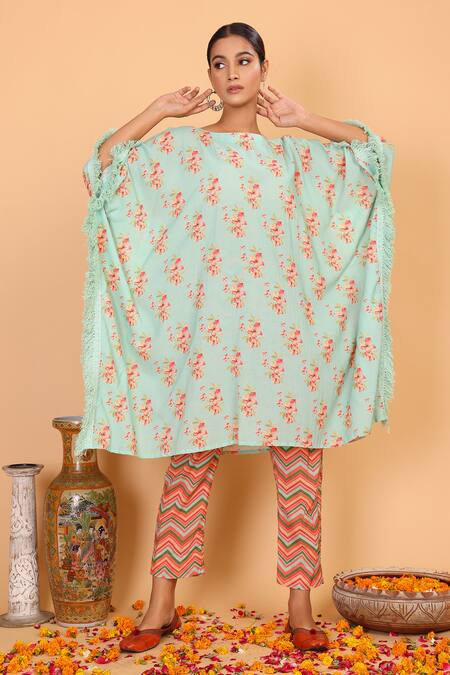 Nazar By Indu_Blue Cotton, Georgette Boat Neck Floral Pattern Kaftan And Pant Set _Online_at_Aza_Fashions