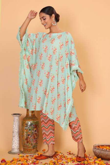 Buy_Nazar By Indu_Blue Cotton, Georgette Boat Neck Floral Pattern Kaftan And Pant Set _Online_at_Aza_Fashions
