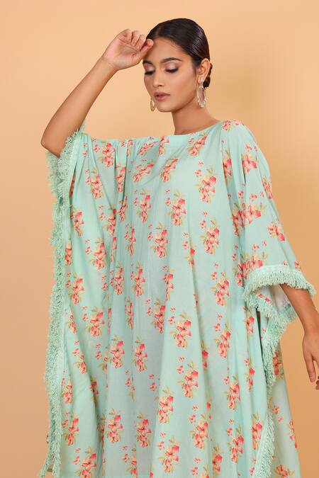 Shop_Nazar By Indu_Blue Cotton, Georgette Boat Neck Floral Pattern Kaftan And Pant Set _Online_at_Aza_Fashions