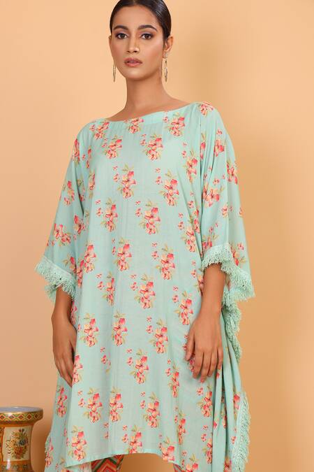 Nazar By Indu_Blue Cotton, Georgette Boat Neck Floral Pattern Kaftan And Pant Set _at_Aza_Fashions