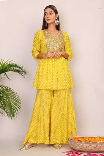 Buy_Nazar By Indu_Yellow Cotton Embroidery V-neck Kundan Kurta And Palazzo Set _Online_at_Aza_Fashions