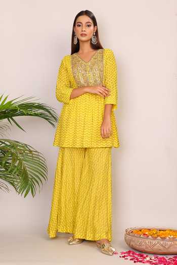 Shop_Nazar By Indu_Yellow Cotton Embroidery V-neck Kundan Kurta And Palazzo Set _Online_at_Aza_Fashions