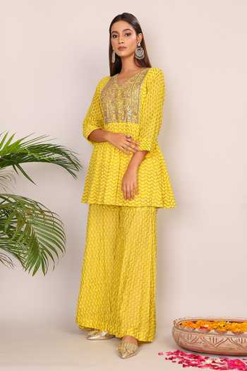 Nazar By Indu_Yellow Cotton Embroidery V-neck Kundan Kurta And Palazzo Set _at_Aza_Fashions