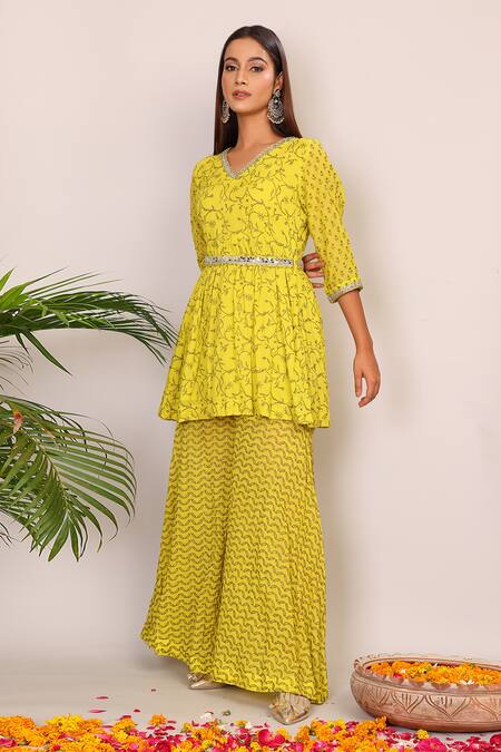 Buy_Nazar By Indu_Yellow Cotton Embroidery V-neck Floral Pattern Kurta And Palazzo Set _Online_at_Aza_Fashions