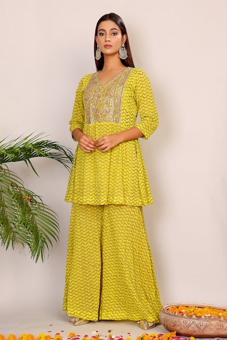 Nazar By Indu_Yellow Cotton Embroidery, Zari V-neck Kundan Work Peplum Top And Palazzo Set _Online_at_Aza_Fashions