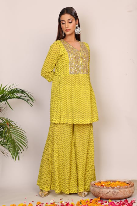 Shop_Nazar By Indu_Yellow Cotton Embroidery, Zari V-neck Kundan Work Peplum Top And Palazzo Set _Online_at_Aza_Fashions
