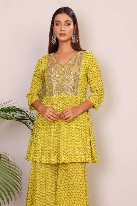 Nazar By Indu_Yellow Cotton Embroidery, Zari V-neck Kundan Work Peplum Top And Palazzo Set _at_Aza_Fashions