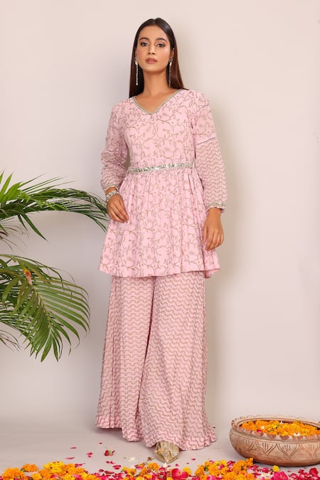 Buy_Nazar By Indu_Pink Cotton Embroidery V-neck Floral Print Short Kurta And Palazzo Set _Online_at_Aza_Fashions