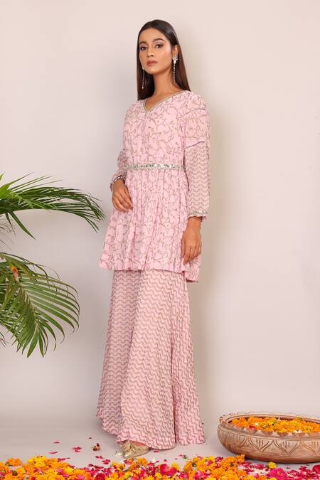 Shop_Nazar By Indu_Pink Cotton Embroidery V-neck Floral Print Short Kurta And Palazzo Set _Online_at_Aza_Fashions