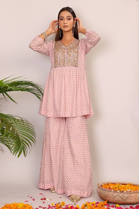 Nazar By Indu_Pink Cotton Embroidery V-neck Block Print Peplum Top And Palazzo Set _Online_at_Aza_Fashions
