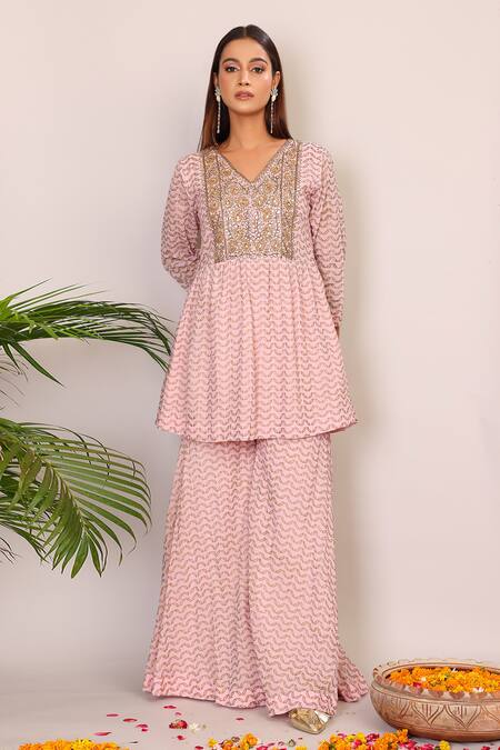 Buy_Nazar By Indu_Pink Cotton Embroidery V-neck Block Print Peplum Top And Palazzo Set _Online_at_Aza_Fashions