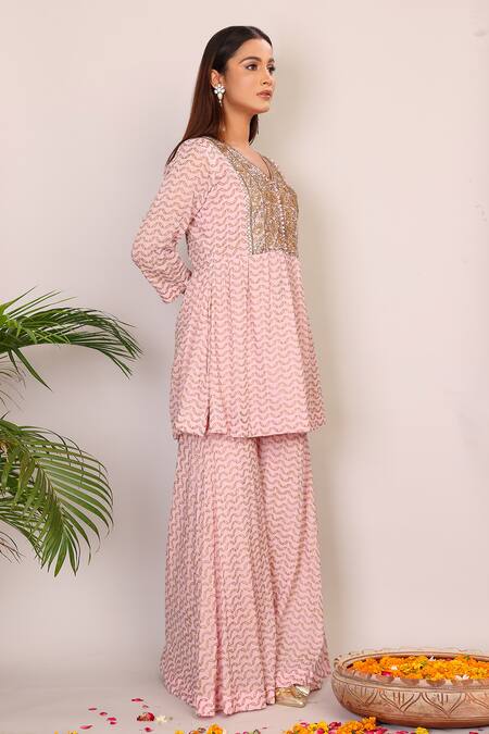 Shop_Nazar By Indu_Pink Cotton Embroidery V-neck Block Print Peplum Top And Palazzo Set _Online_at_Aza_Fashions