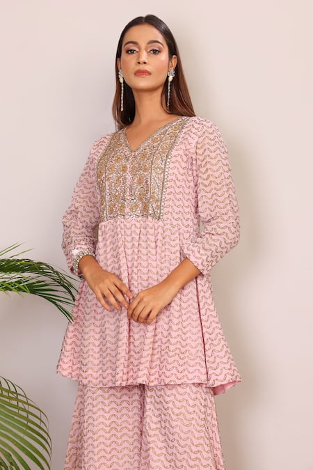 Nazar By Indu_Pink Cotton Embroidery V-neck Block Print Peplum Top And Palazzo Set _at_Aza_Fashions