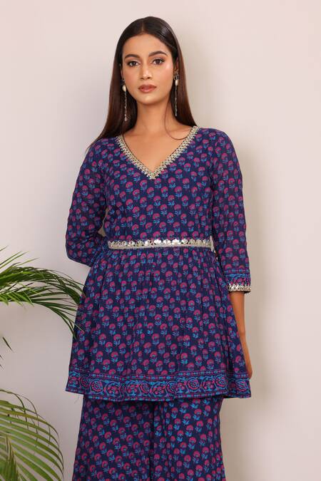 Nazar By Indu_Purple Cotton Embroidery V-neck Floral Block Print Peplum Top And Palazzo Set _Online_at_Aza_Fashions