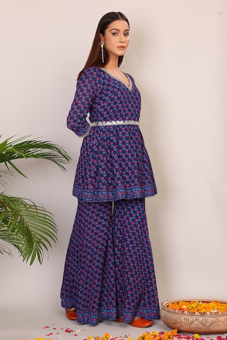 Buy_Nazar By Indu_Purple Cotton Embroidery V-neck Floral Block Print Peplum Top And Palazzo Set _Online_at_Aza_Fashions