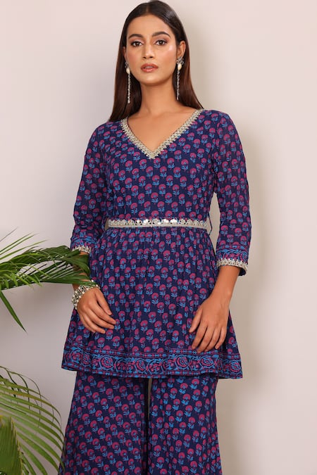 Shop_Nazar By Indu_Purple Cotton Embroidery V-neck Floral Block Print Peplum Top And Palazzo Set _Online_at_Aza_Fashions