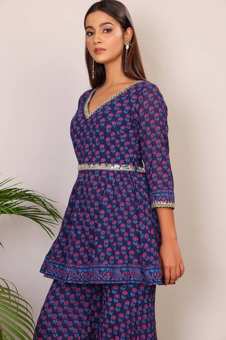 Nazar By Indu_Purple Cotton Embroidery V-neck Floral Block Print Peplum Top And Palazzo Set _at_Aza_Fashions