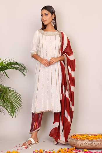 Women Multicolor Rayon Leheriya Printed &  Embroidered Kurta with Pant and Dupatta Set