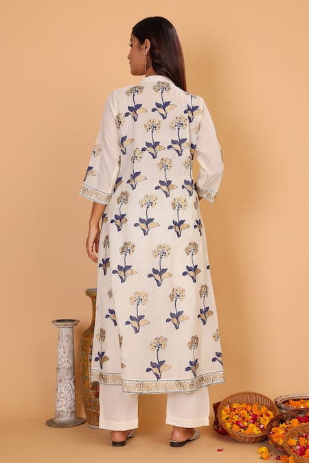 Shop_Nazar By Indu_Off White Cotton Embroidery Mandarin Collar Floral Block Print Kurta Pant Set _at_Aza_Fashions