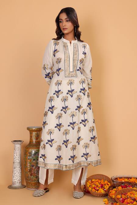 Buy_Nazar By Indu_Off White Cotton Embroidery Mandarin Collar Floral Block Print Kurta Pant Set _Online_at_Aza_Fashions