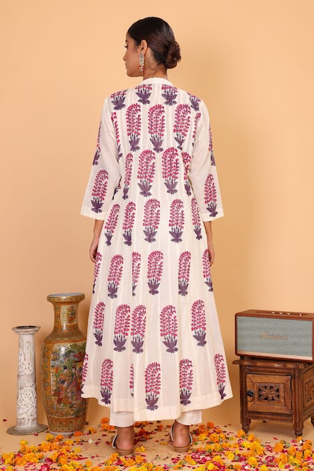 Shop_Nazar By Indu_White Cotton Embroidery Mandarin Collar Block Print Anarkali Pant Set _at_Aza_Fashions