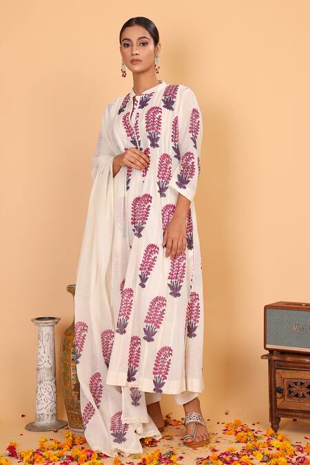Shop_Nazar By Indu_White Cotton Embroidery Mandarin Collar Block Print Anarkali Pant Set _Online_at_Aza_Fashions