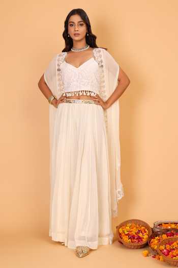 Nazar By Indu_White Cotton Embroidery V-neck Scallop Border Cape And Palazzo Set _Online_at_Aza_Fashions