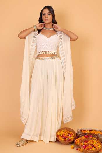 Buy_Nazar By Indu_White Cotton Embroidery V-neck Scallop Border Cape And Palazzo Set _Online_at_Aza_Fashions