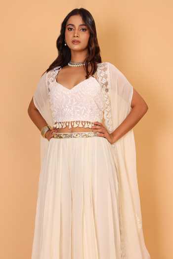 Shop_Nazar By Indu_White Cotton Embroidery V-neck Scallop Border Cape And Palazzo Set _Online_at_Aza_Fashions