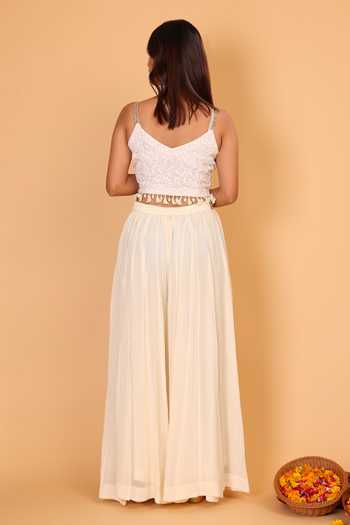 Nazar By Indu_White Cotton Embroidery V-neck Scallop Border Cape And Palazzo Set _at_Aza_Fashions
