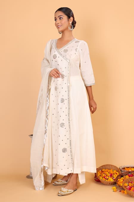 Shop_Nazar By Indu_Off White Cotton Mirrors V-neck Work Angrakha And Pant Set _at_Aza_Fashions
