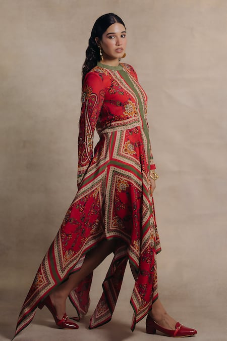 Moh India_Multi Color Crepe Embroidery Round Neck Sultanat Paisley Pattern Dress _Online_at_Aza_Fashions