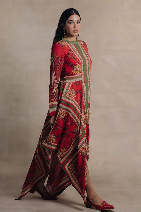 Buy_Moh India_Multi Color Crepe Embroidery Round Neck Sultanat Paisley Pattern Dress _Online_at_Aza_Fashions