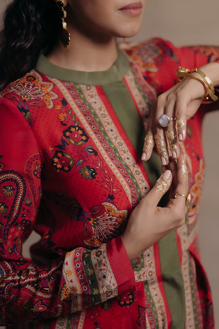 Shop_Moh India_Multi Color Crepe Embroidery Round Neck Sultanat Paisley Pattern Dress _Online_at_Aza_Fashions