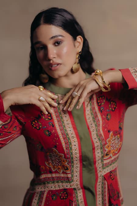 Moh India_Multi Color Crepe Embroidery Round Neck Sultanat Paisley Pattern Dress _at_Aza_Fashions