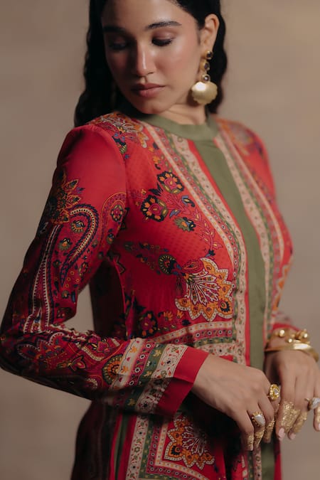 Buy_Moh India_Multi Color Crepe Embroidery Round Neck Sultanat Paisley Pattern Dress 