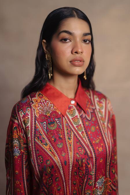 Moh India Multi Color Cotton Satin Embroidery Noon Kausar Kashmiri Paisley Shirt Dress Online at Aza Fashions Moh India_Multi Color Cotton Satin Embroidery Noon Kausar Kashmiri Paisley Shirt Dress _Online_at_Aza_Fashions